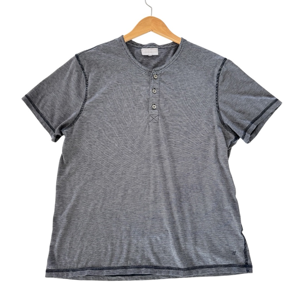 Hickey Freeman Men’s Navy Striped Short Sleeve Henley Tee – Size L Cotton Blend